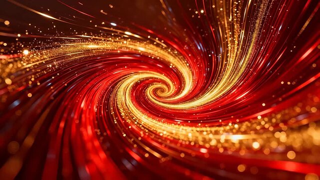 Red and gold spiral vortex with glowing light streaks and deep dark background