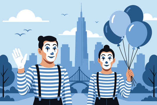 Two mimes wearing striped shirts and white face paint standing in a park with a city skyline and bridge in the background.