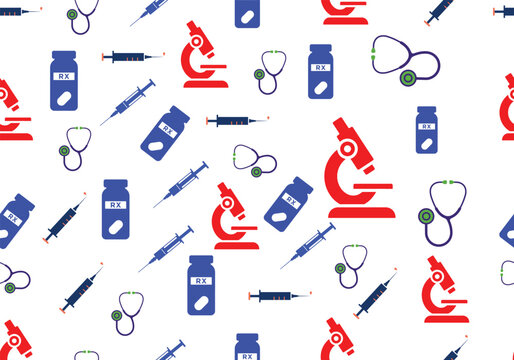 Medical Seamless pattern: microscopes, syringes, stethoscopes, and rx bottles