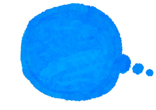 水色のクレヨンと水彩絵の具塗った手描きの吹き出し。まんまるの考える吹き出し