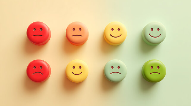 Colorful emotion icons representing mental health, mood tracking, emotional wellbeing, psychology, feelings, happiness, sadness, stress awareness and self assessment