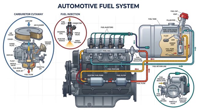 Automotive Fuel System Diagram Explaining Carburetor and Fuel Injection Components and Flow for Educational Use