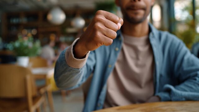 Man smiles, raises fist in cafe