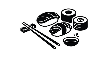 Assorted Sushi Pieces With Chopsticks Black Silhouette © asma