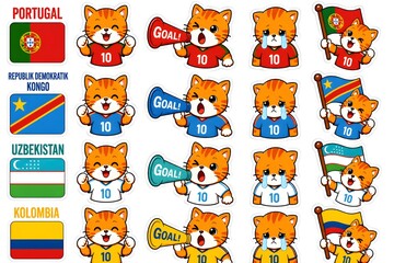 Fototapeta premium Cute Orange Tabby Cat Football Fan Sticker Pack Featuring Portugal DR Congo Uzbekistan and Colombia Supporters Vector Illustration