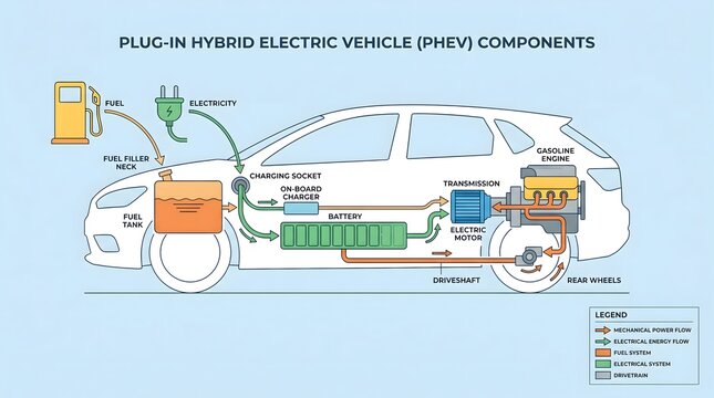 Plug in Hybrid Electric Vehicle phev Components Diagram Illustrating Mechanical Electrical and Fuel Systems