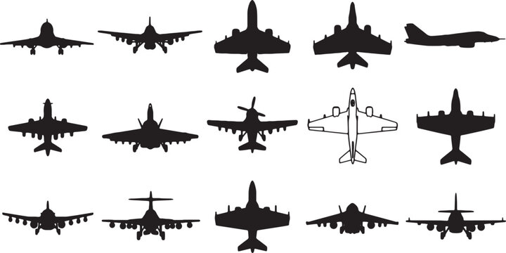 Set of 15 aircraft silhouettes and outlines featuring various airplane models such as fighter jets, commercial airliners, and vintage propeller planes in top and front views.