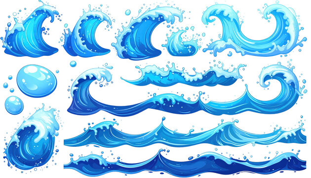 A vibrant illustration showcasing various cartoon-styled ocean waves, splashes, and bubbles in shades of blue and white, set against a black backdrop