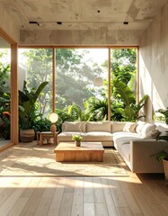 Fototapeta premium A serene living room with large windows and lush greenery outside (23)