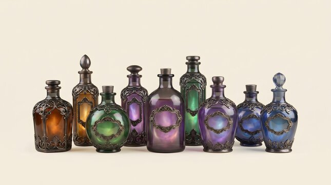 Collection of ornate vintage potion and perfume bottles, shimmering with mysterious allure