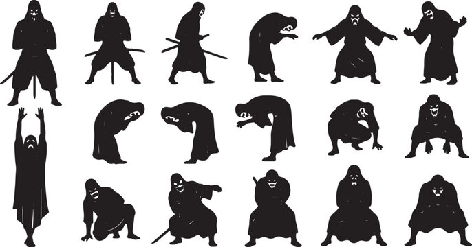 Collection of black silhouettes featuring mysterious hooded figures, ninjas with katanas, and creepy demonic characters in various poses like bowing, crouching, and lunging on white.