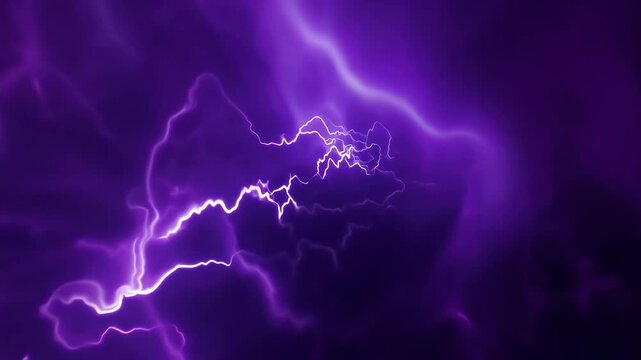 Purple lightning bolts surge through a dark, swirling cloud of energy, creating a dynamic and mesmerizing visual effect in a cosmic atmosphere