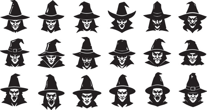 Collection of eighteen black and white silhouette illustrations featuring witch and sorcerer heads wearing pointed hats with various angry and evil facial expressions on white.