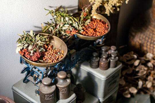 Vintage balance scale with brass pans filled with dried rowan berries and leaves, placed next to a set of old cast iron two kilogram weights on metal containers, high-angle view, warm lighting.