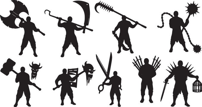 Silhouette collection of dark fantasy warriors and executioners holding varied weapons such as a double-headed axe, scythe, flail, giant scissors, and polearms on a white background.