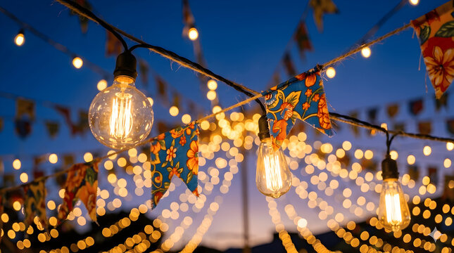 Decora&ccedil;&atilde;o t&iacute;pica de Festa Junina com bandeirinhas coloridas e l&acirc;mpadas vintage ao anoitecer.
