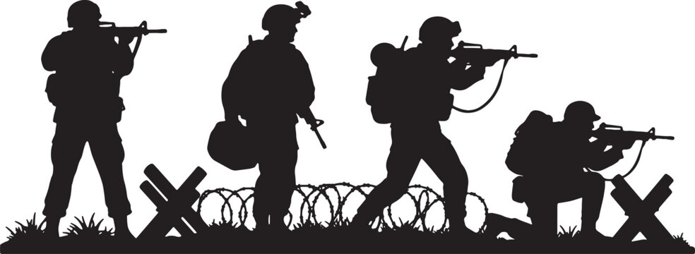 Silhouette of four soldiers in tactical gear and helmets holding rifles in combat poses, positioned near barbed wire and wooden tank traps on white background, military vector art.