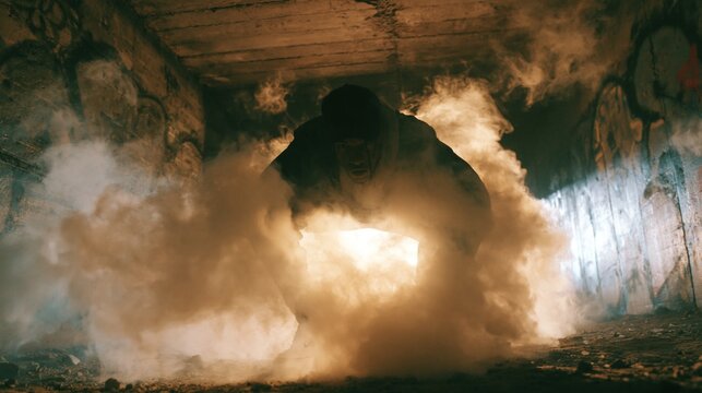 Dynamic medium shot of a rapper leaning forward through swirling smoke in a gritty underground tunnel illuminated by harsh side lighting that highlights concrete and graffiti