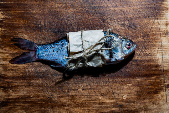 Fresh crucian carp fish wrapped in craft paper on rustic wooden board. Top view of raw silver fish wrapped with brown paper and jute twine string on scratched wooden background