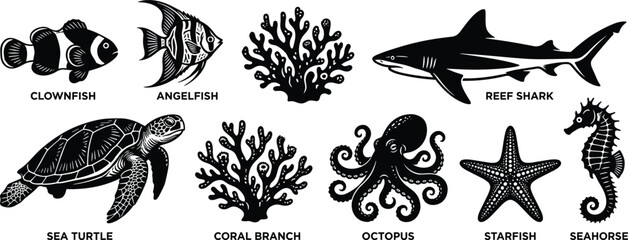 Fototapeta premium Marine Life Silhouette Vector Collection Featuring Reef Shark Sea Turtle Octopus Seahorse and Coral
