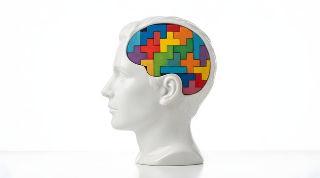 White human head bust in profile with a brain made of colorful puzzle pieces on a white background, symbolizing thought and problem-solving.