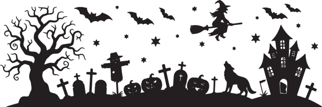 Halloween silhouette illustration banner with a spooky dead tree, cemetery tombstones, jack-o'-lanterns, scarecrow, howling wolf, haunted house, flying witch, and bats on white.