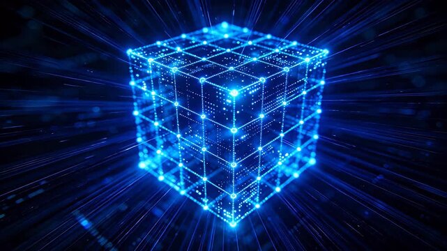 Luminous three dimensional grid cube constructed from blue points and lines emitting radiating light