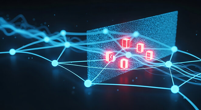A futuristic digital network with glowing blue lines and red binary code