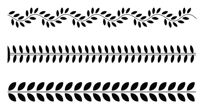 Set of three decorative leafy border dividers in minimalist black and white style
