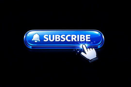 A hand cursor clicks on a blue subscribe button with a bell icon on a black background.