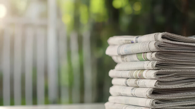 Stacked newspapers serene outdoor setting, showcasing texture and print of paper. sunlight creates warm atmosphere