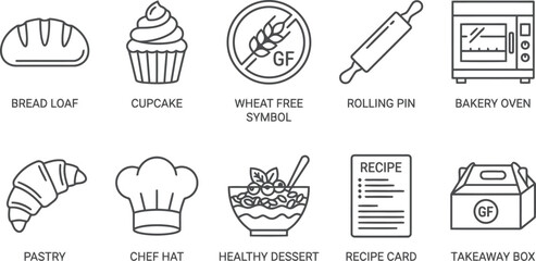Fototapeta premium Bakery icons: bread, cupcake, wheat free symbol, rolling pin, oven