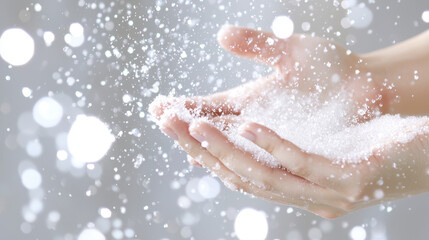 Fototapeta premium Soft hands gently releasing sparkling particles create magical atmosphere of tranquility and wonder