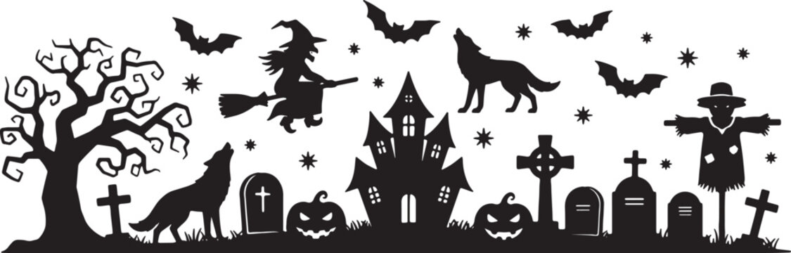 Halloween Silhouette Horizontal Banner Featuring Spooky Haunted House Flying Witch Howling Wolves Gnarly Tree Jack-o-Lanterns Scarecrow and Graveyard Isolated on White Background