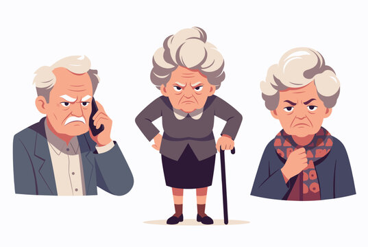 Group of grumbling elderly characters showing various expressions of anger and frustration in stylized illustrations.