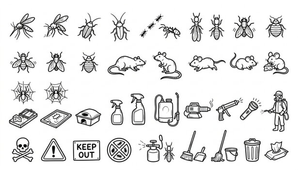 Hand drawn pest control doodle icon collection vector isolated on white background