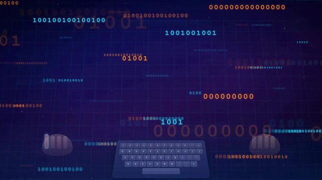 Abstract Digital Binary Code Stream Flowing Across Dark Blue Background for Technology Concepts