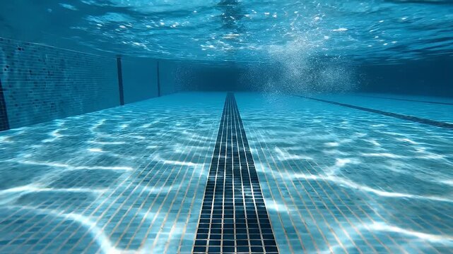 An underwater view looking down the lane of a bright blue swimming pool.