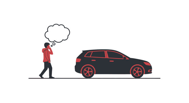 A man walks past a black car with red wheels, deep in thought with an empty thought bubble above his head, on a white background.