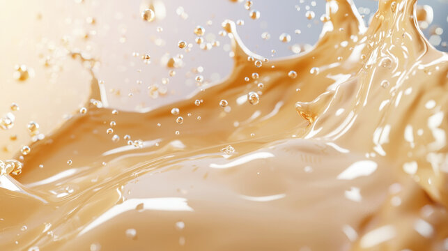Close up of vibrant oil splash in warm tones, showcasing dynamic movement and droplets, evokes sense of energy and fluidity