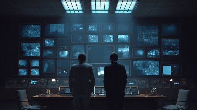 Two men in suit standing before wall of monitors in dark surveillance room. Government agents analyzing classified ufo video files. Secret research facility and security control center.