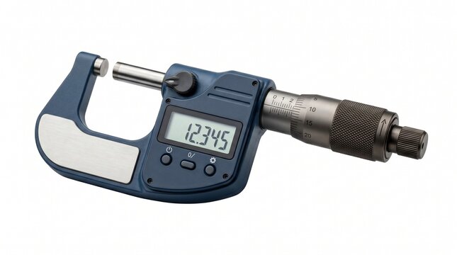 Precision measurement with digital micrometer tool isolated on white background