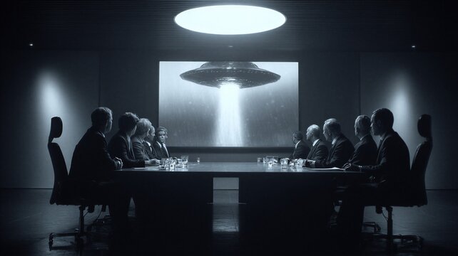 Government officials observe ufo footage during secret briefing. Men in suit analyzing classified extraterrestrial evidence on projection screen. Investigation of alien visitation phenomenon.