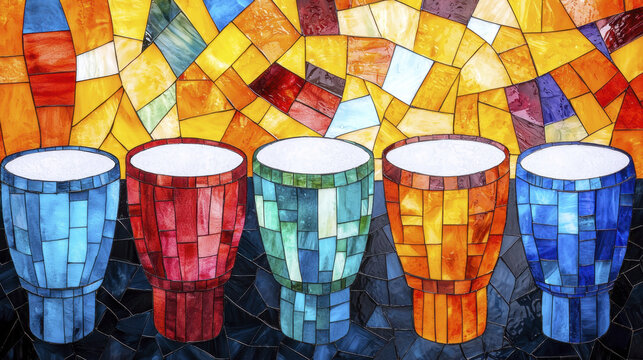 Colorful stained glass artwork featuring five drums vibrant hues, symbolizing rhythm and celebration. warm colors evoke joyful