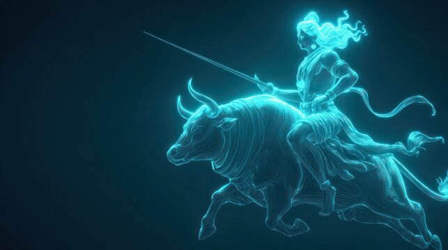 Neon illustration of a rider on a bull with lance against a dark backdrop