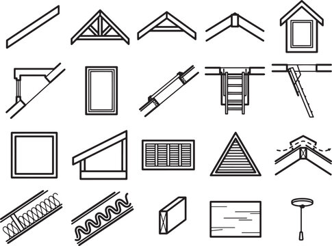 Architectural drawings showcasing roof truss construction, window frames, insulation, and building materials, illustrating various elements of home construction.