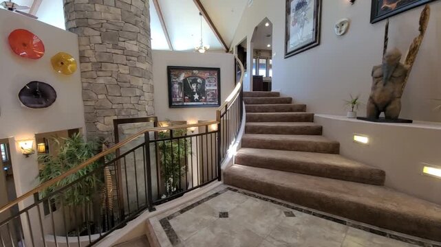 Curved staircase in warm foyer