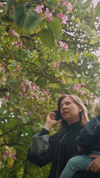 Parent multitasks outdoors amidst blooming pink flowers and greenery