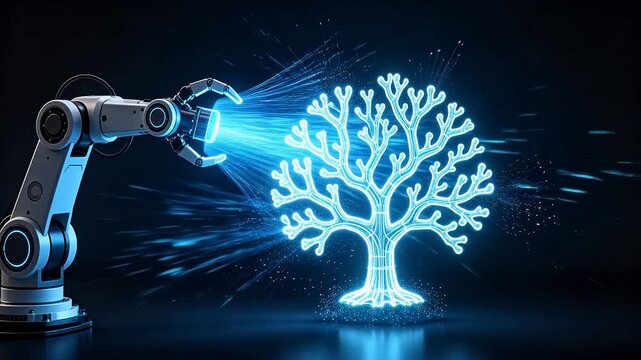 Robotic arm projecting blue light beam towards glowing tree structure
