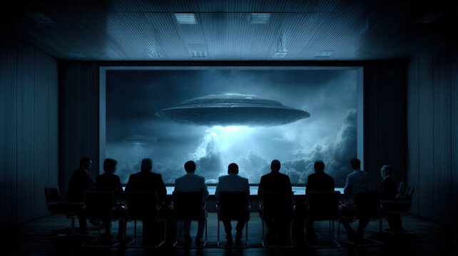 Government officials watching flying saucer on large screen. Declassification of Ufo files in secret briefing room. Investigation of extraterrestrial phenomenon and space discovery.